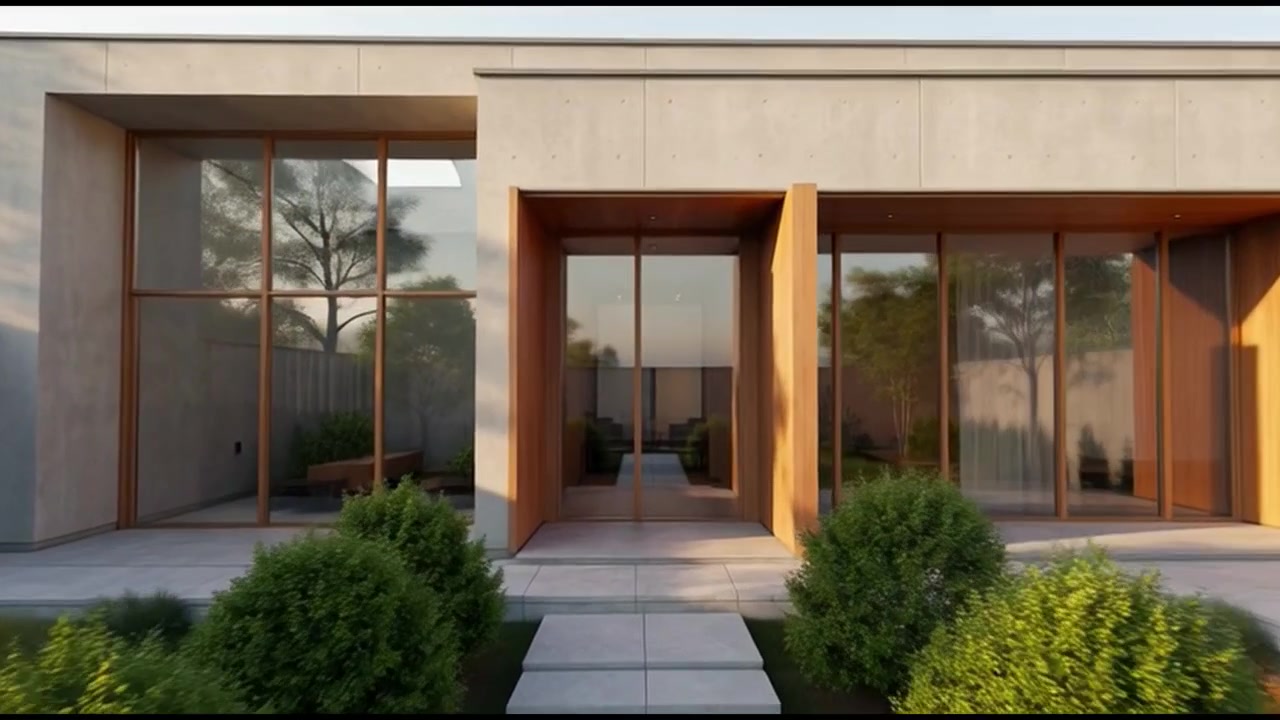 Exterior de Casa Moderna Minimalista con Jardín y Estanque Reflejante