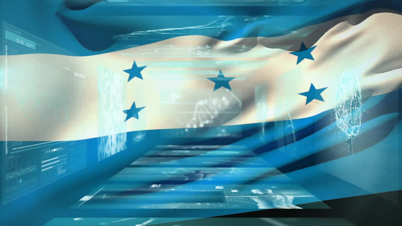 Waving Honduras flag over digital animation with technology interface background