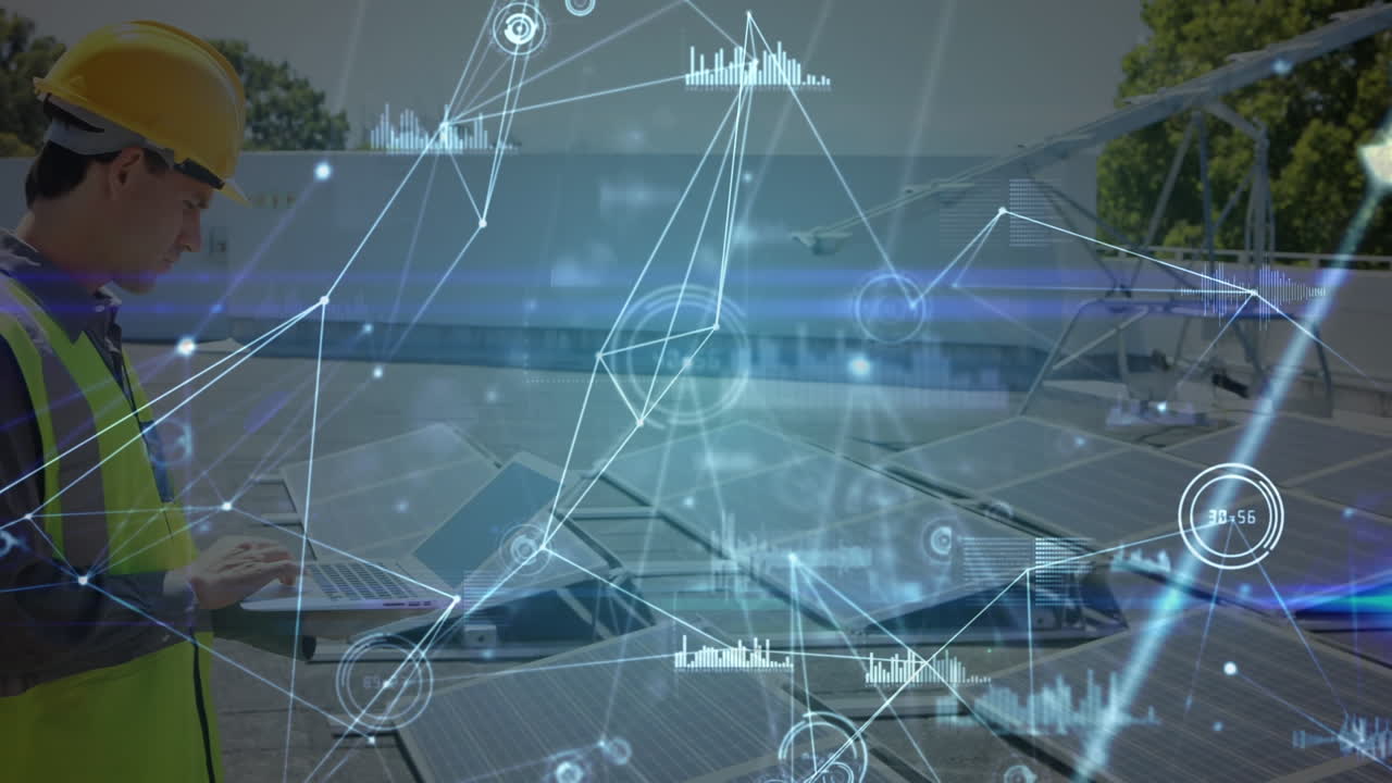 태양 전지 패널과 백인 남성 엔지니어에 대한 연결 네트워크의 애니메이션