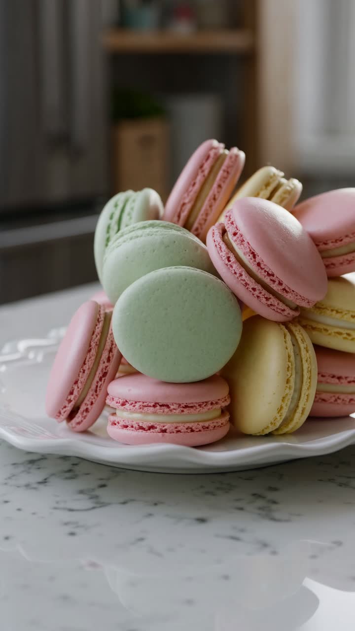Close-up video shot of pastel macarons on a white plate, showcasing a soft, elegant style