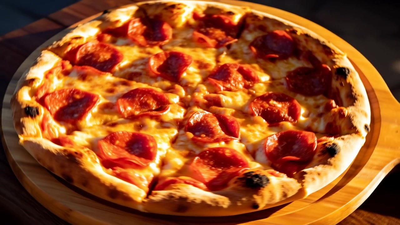 Rivelando una pizza ai peperoni su un tagliere di legno mentre la telecamera si sposta e una luce calda si alza, mostrando la crosta.