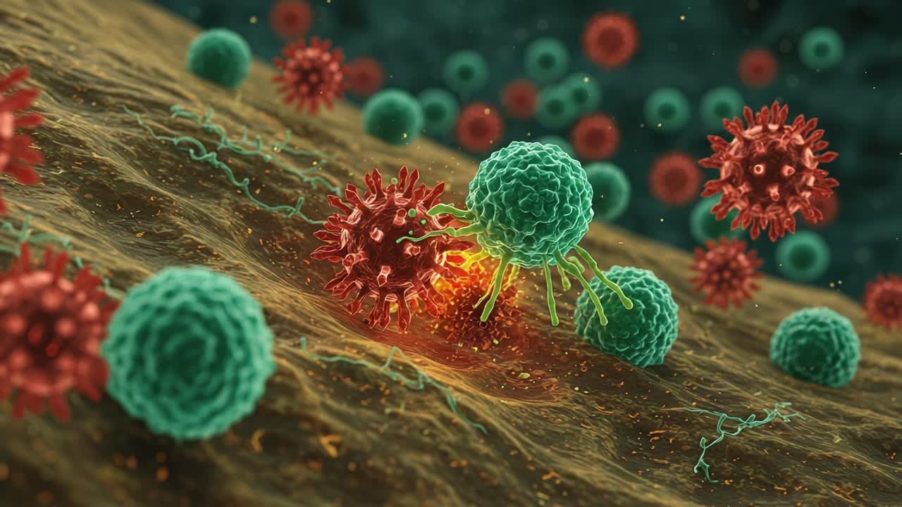 Interazione microscopica tra cellule immunitarie: un'esplorazione visiva dei meccanismi di difesa cellulare in azione, che mostra l'interazione dinamica e la risposta agli agenti patogeni