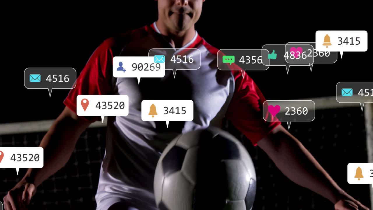 Sahada topa vuran futbolcu, yüzen sosyal simgeleri yükseltirken top sektirme, kafa vuruşu ve performans metriklerini gösteriyor.