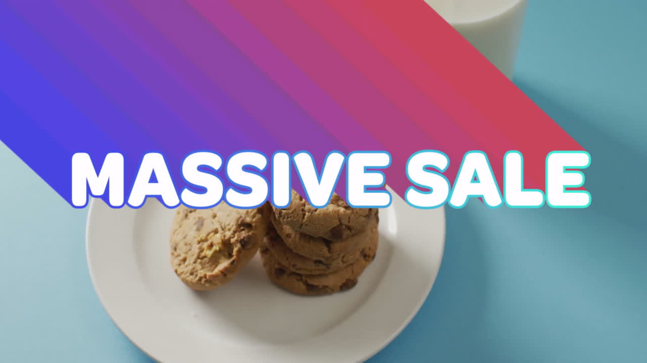Massive sale text animation over cookies on white plate with blue background