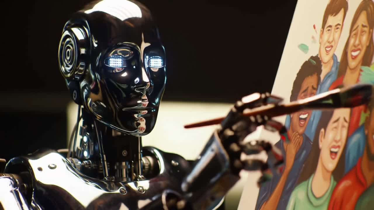 An Advanced Robot Artist Creating Expressive Artwork Featuring Emotive Faces and Vibrant Colors, Blurring the Lines Between Technology and Creative Expression