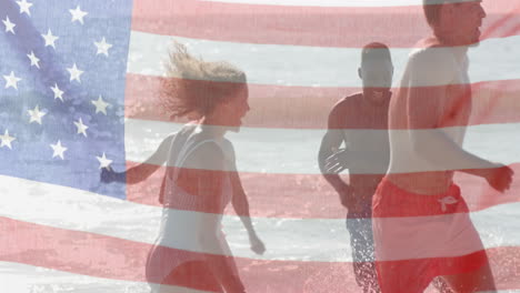 Animation-of-flag-of-usa-over-happy-diverse-friends-on-beach-in-summer