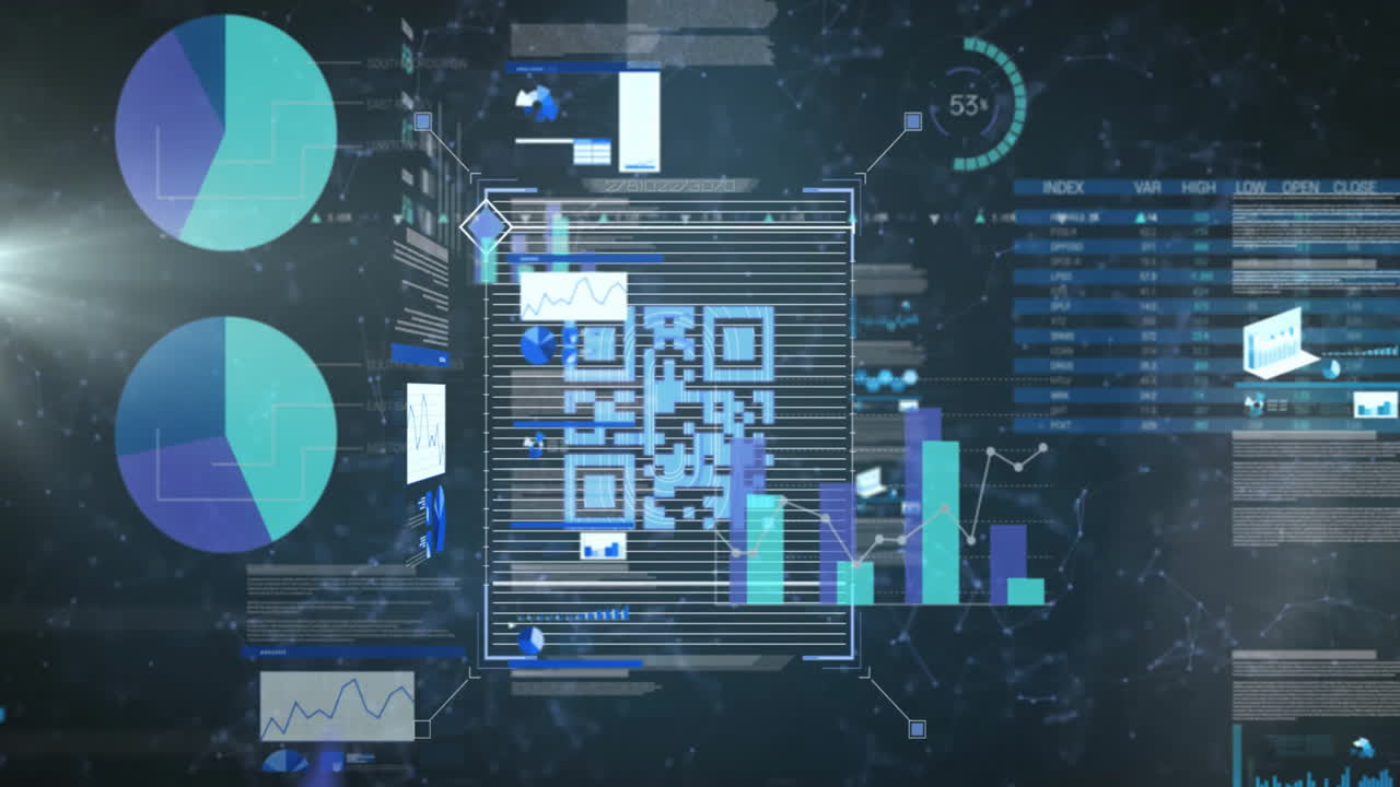 QR code and financial data charts animation over digital interface background