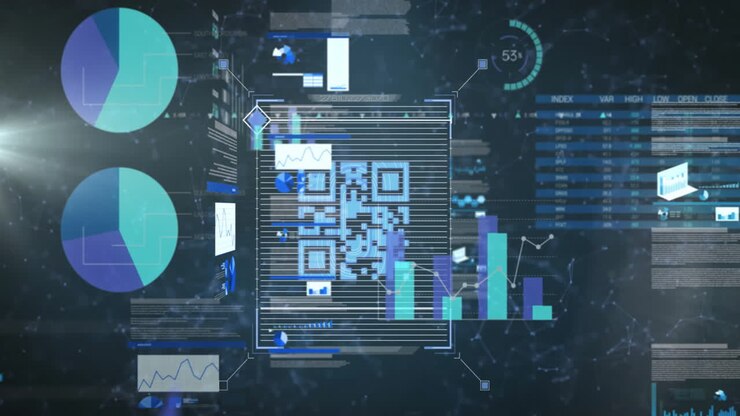 QR code and financial data charts animation over digital interface background
