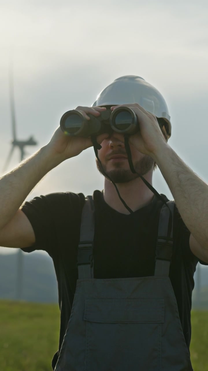 Uomo con cappello e tuta da lavoro usa il binocolo per ispezionare il paesaggio con turbine eoliche sullo sfondo.
