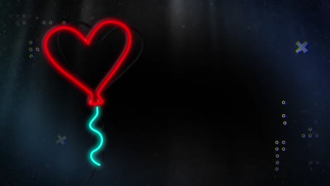 animation of neon heart balloon and diverse shapes on black background