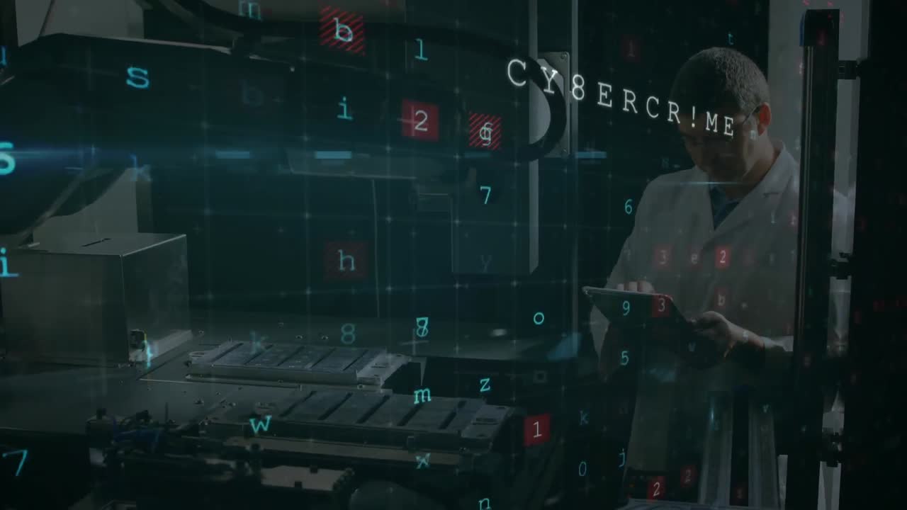 Animation of cyber attack warning over scientist using tablet