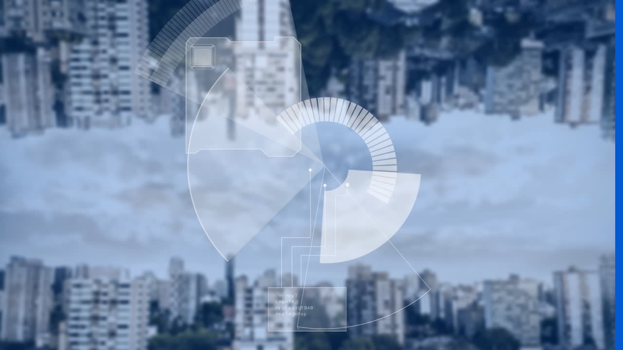 높은 건물의 역전된 시야에 대한 둥근 스캐너 스캐닝의 애니메이션