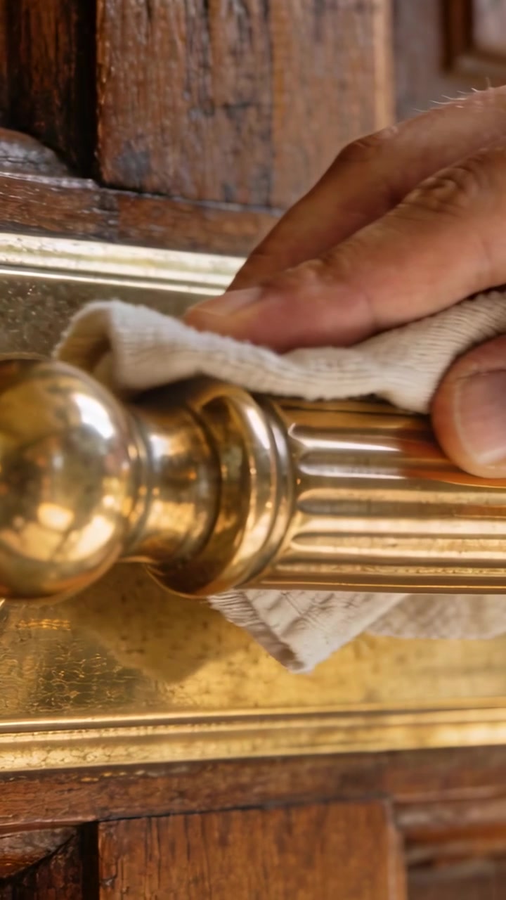 Video verticale: Posizionamento di un panno, mano destra che pulisce una maniglia di ottone su una porta di legno, lucidando il pomello.