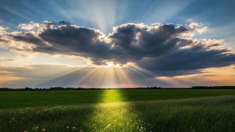 a beautiful display of nature's artistry: sunlight breaking through clouds over a serene green field, capturing the essence of a tranquil evening landscape