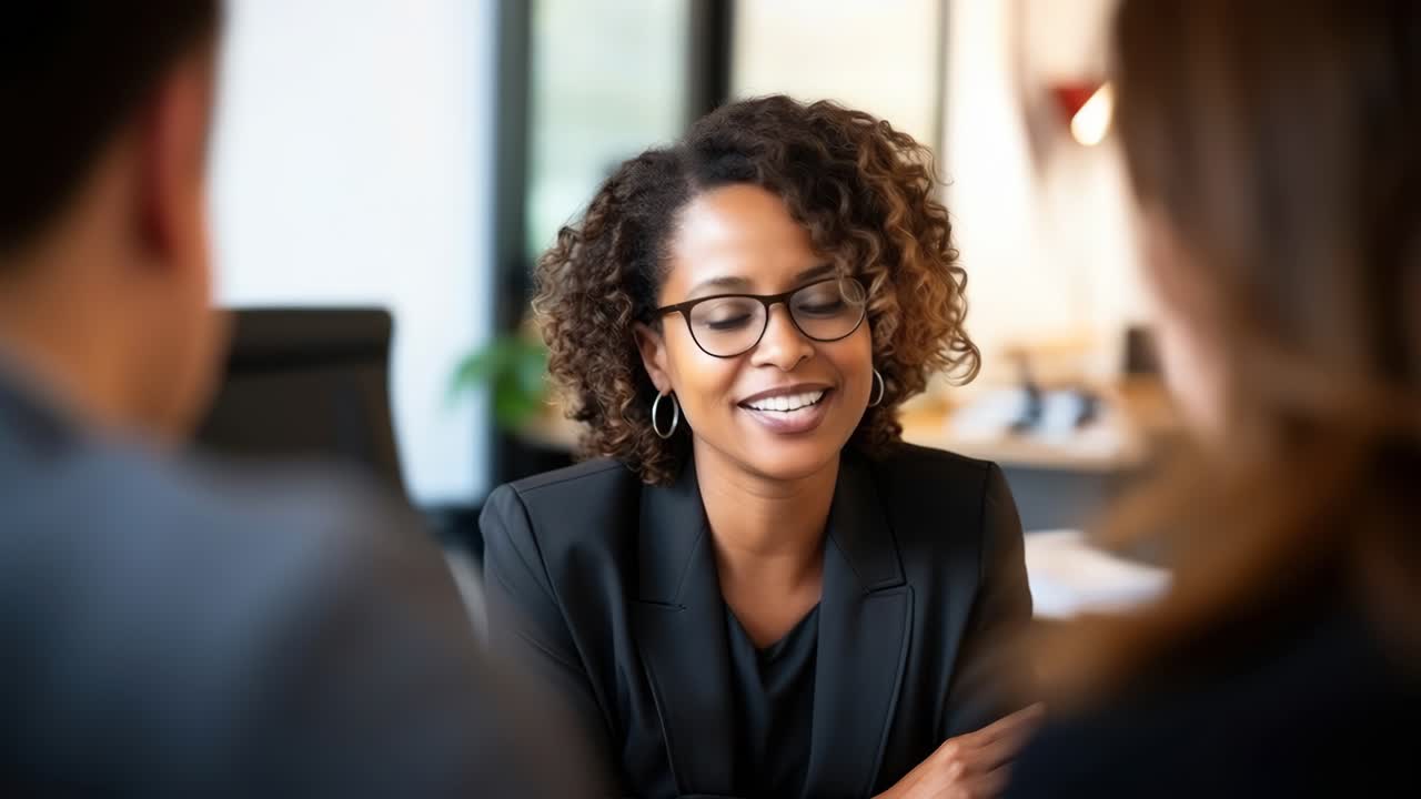 A professional woman in a meeting, captured in a mid-shot angle
