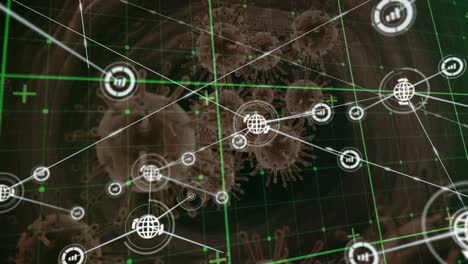 animation of network of connections over covid cells on black background