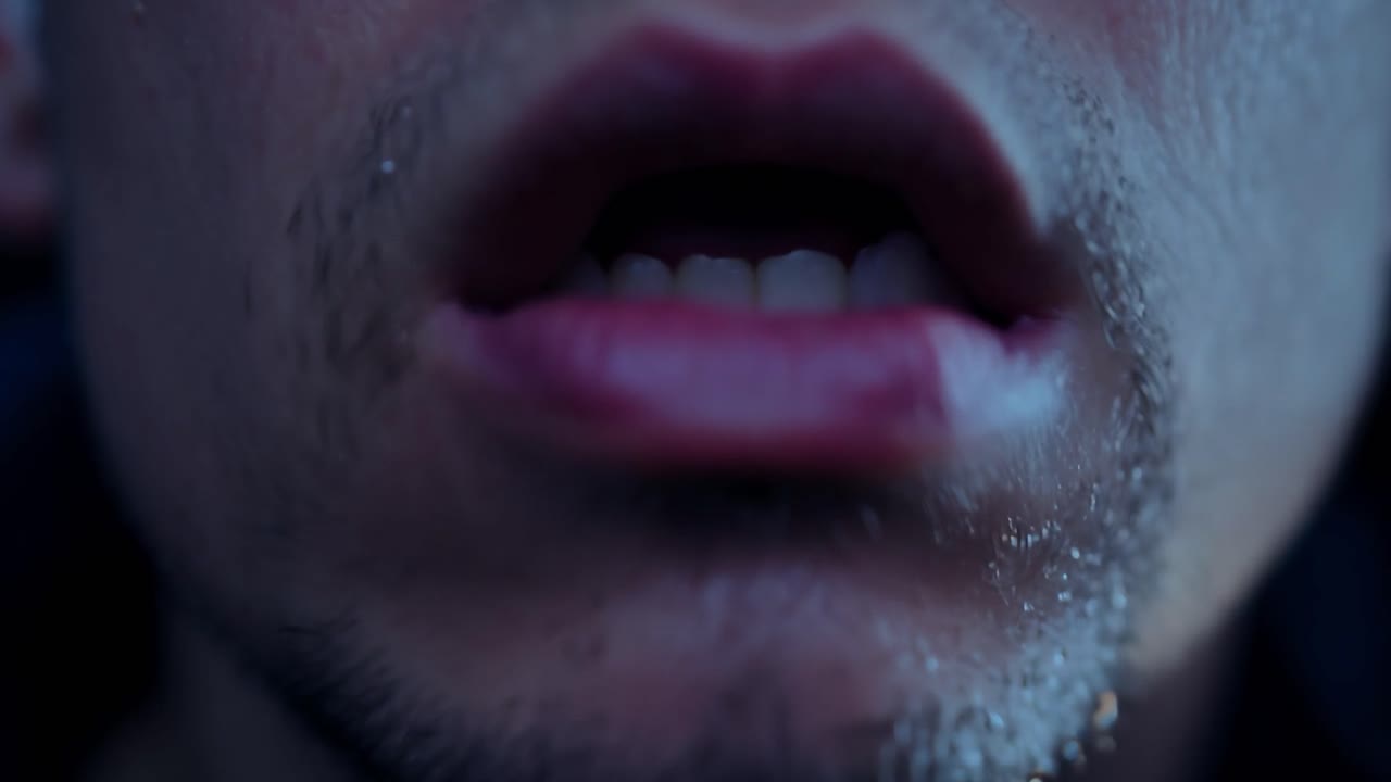 un hombre con barba está hablando con la boca abierta