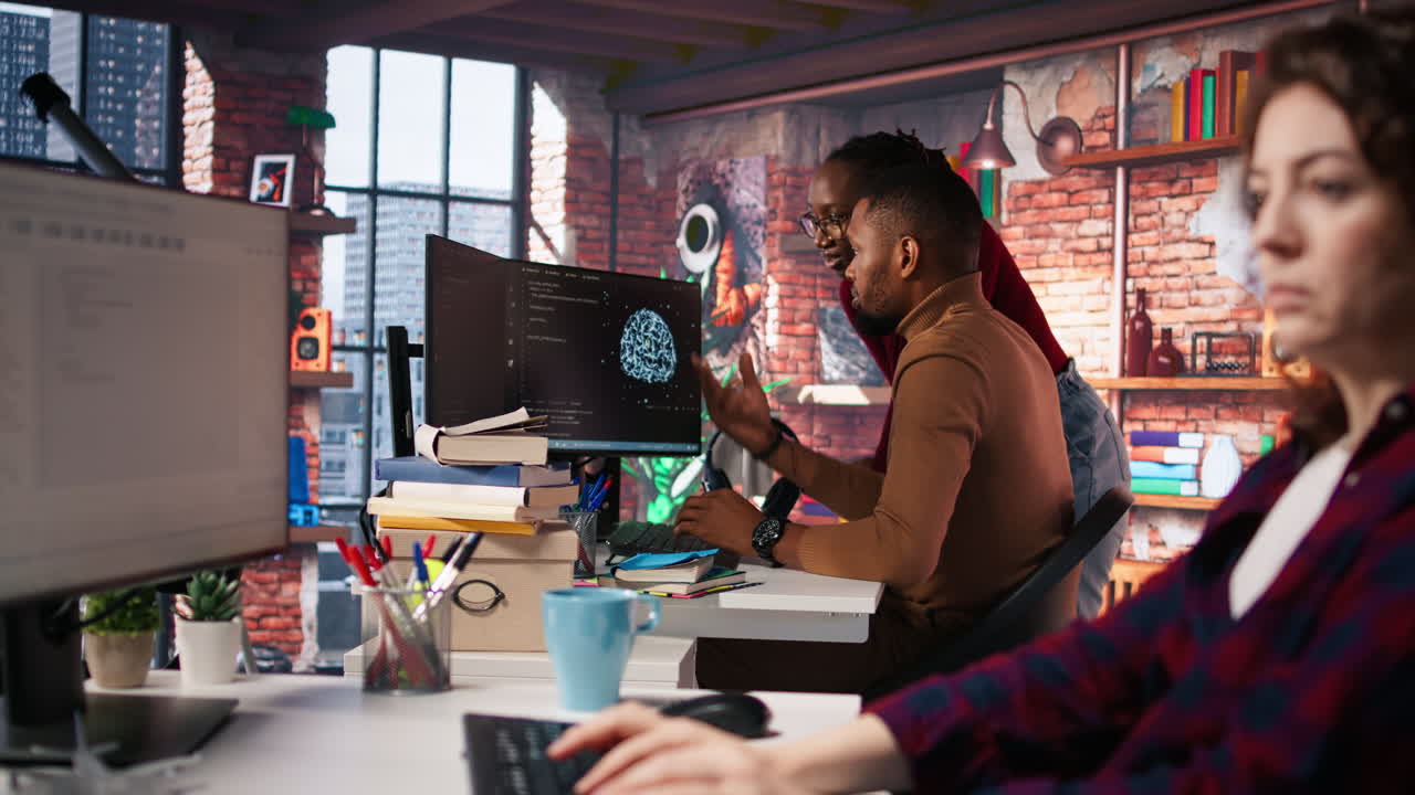 compañeros de trabajo de inteligencia artificial haciendo lluvia de ideas, optimizando el código