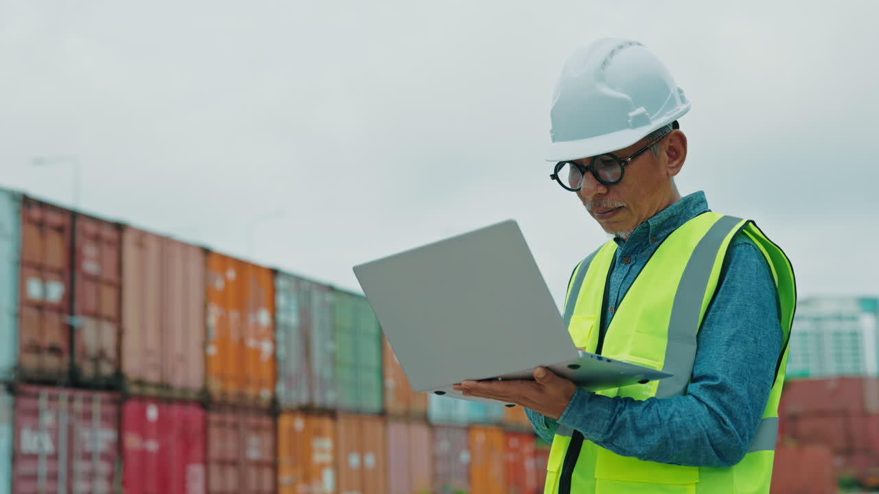 Engineer working on a laptop at the shipping port