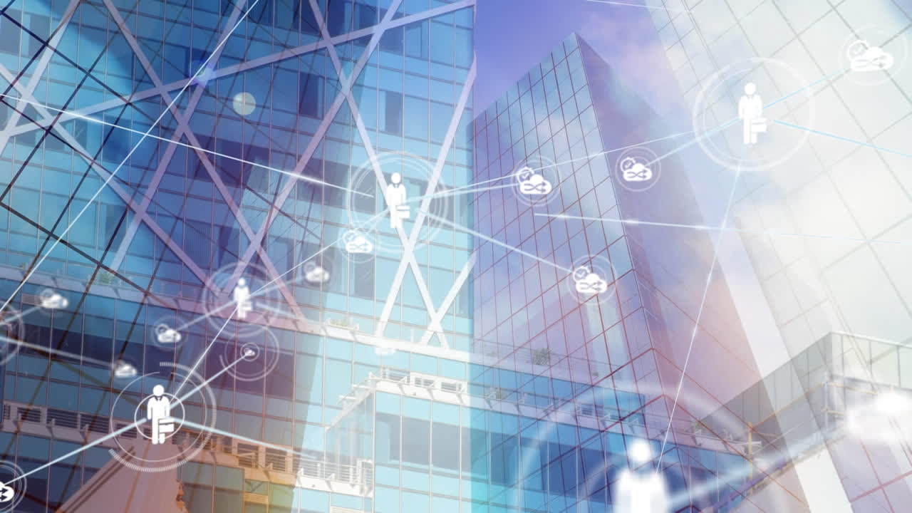 デジタルアイコンのネットワークのアニメーション 高い建物の低角度ビュー