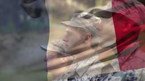 animation of flag of france over diverse male soldiers