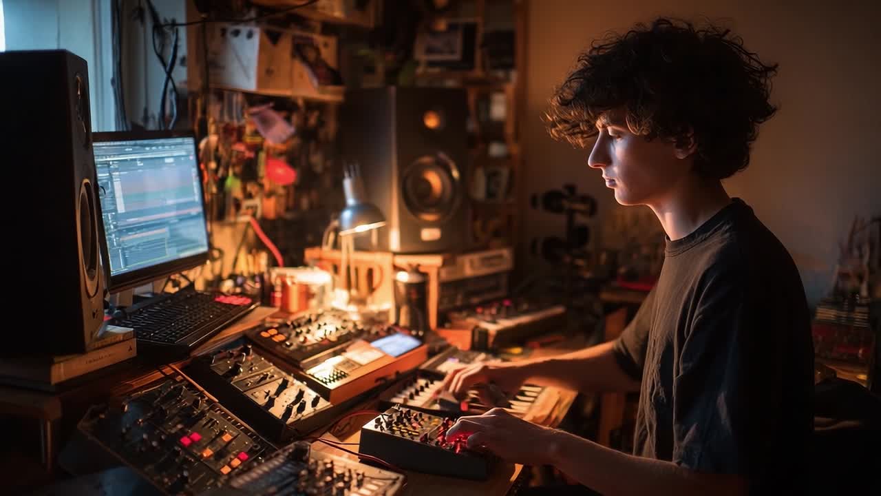 Young musician creating electronic music in a cozy studio space