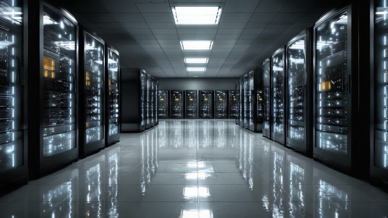 A Modern Data Center: Exploring the Expansive Aisles of Server Racks Illuminated by Soft LED Lights in a High-Tech Environment