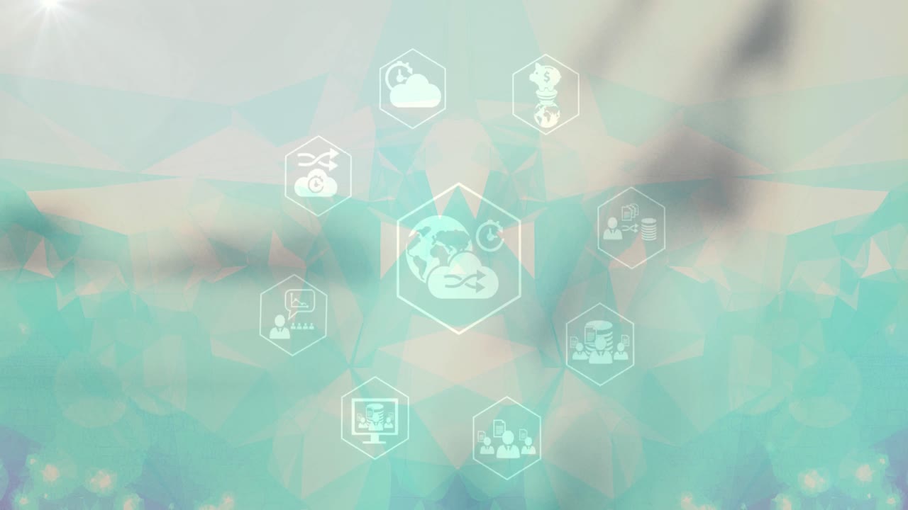 디지털 아이콘과 플렉서스 네트워크의 네트워크는 녹색 그라디엔트 배경에 있습니다.