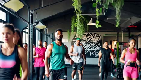 a diverse group of people are exercising in a gym