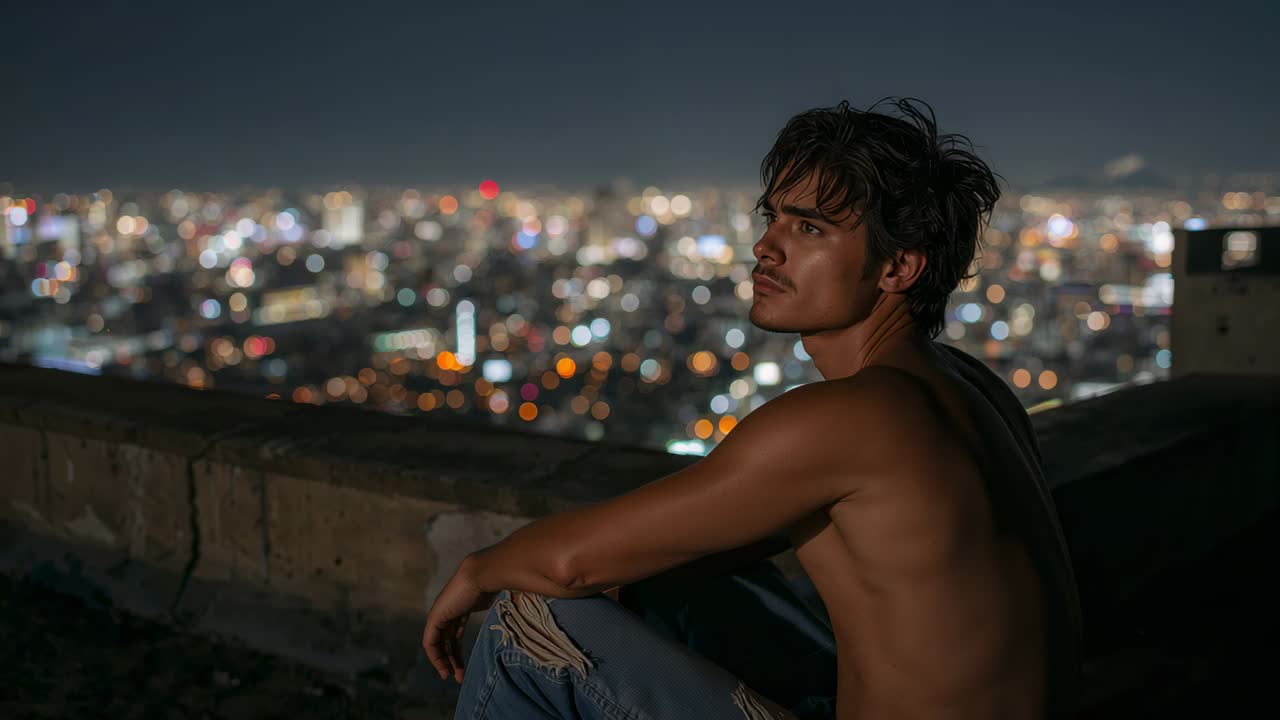 Staring shirtless man turning head on roof ledge at night, watching bokeh lights, jeans, copy space