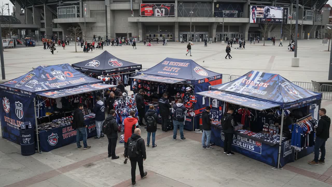 Vibrant Marketplace at Sporting Event Featuring Merchandise Tents and Enthusiastic Fans Gathering Around to Purchase Souvenirs and Apparel