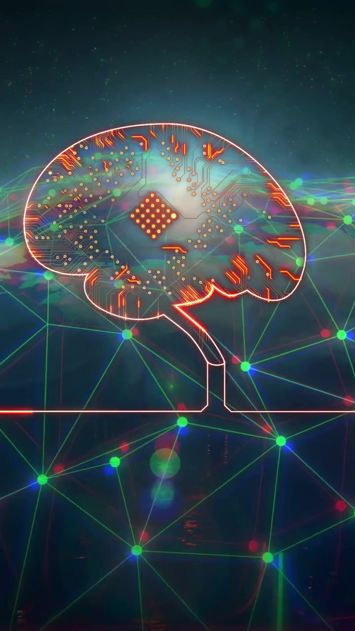 Vertical video: Neon brain hovering over grid, chip pulsing sparking node glowing showing data flow
