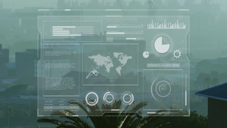 Animation-of-multiple-graphs,-loading-circles-and-map-over-modern-city-against-sky