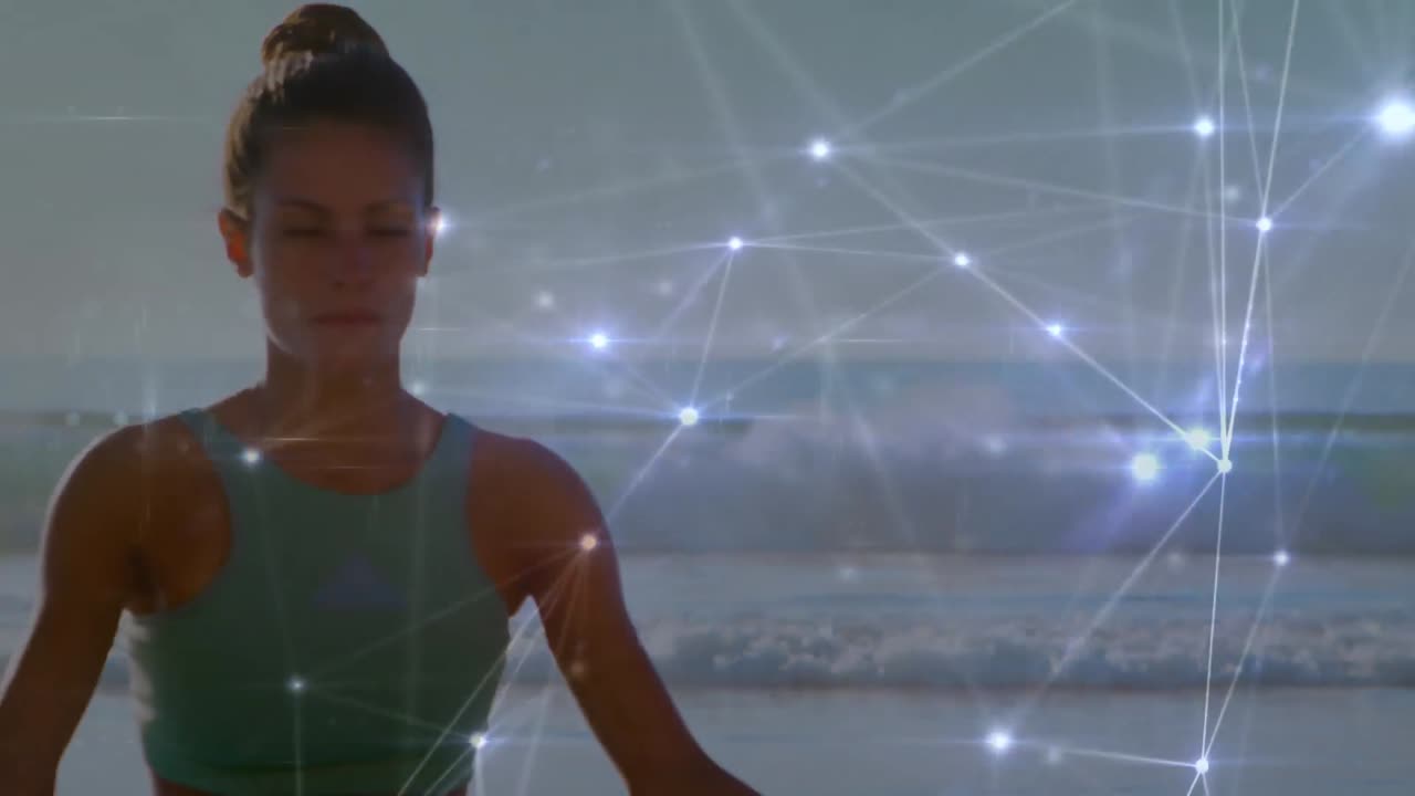 animación de la red de conexiones sobre mujer caucásica meditando en la playa