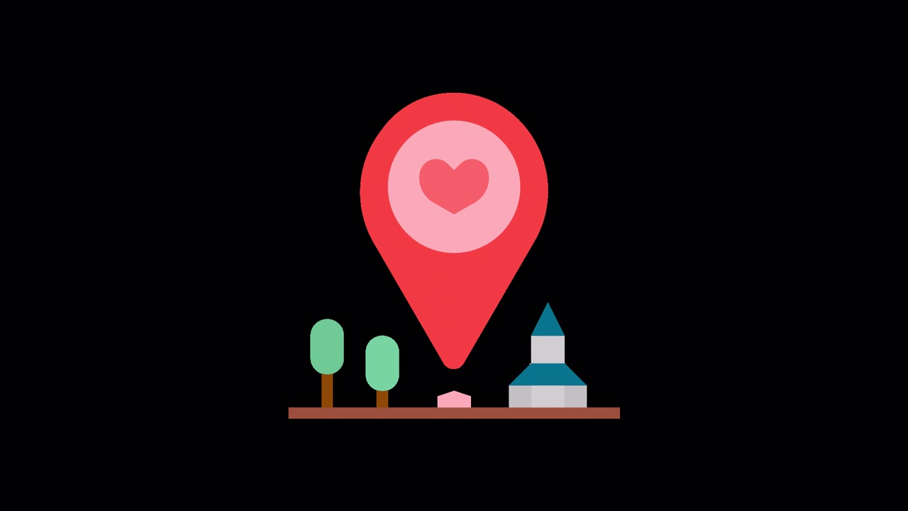 Animated Location Pin with Heart Icon Over Village Landscape