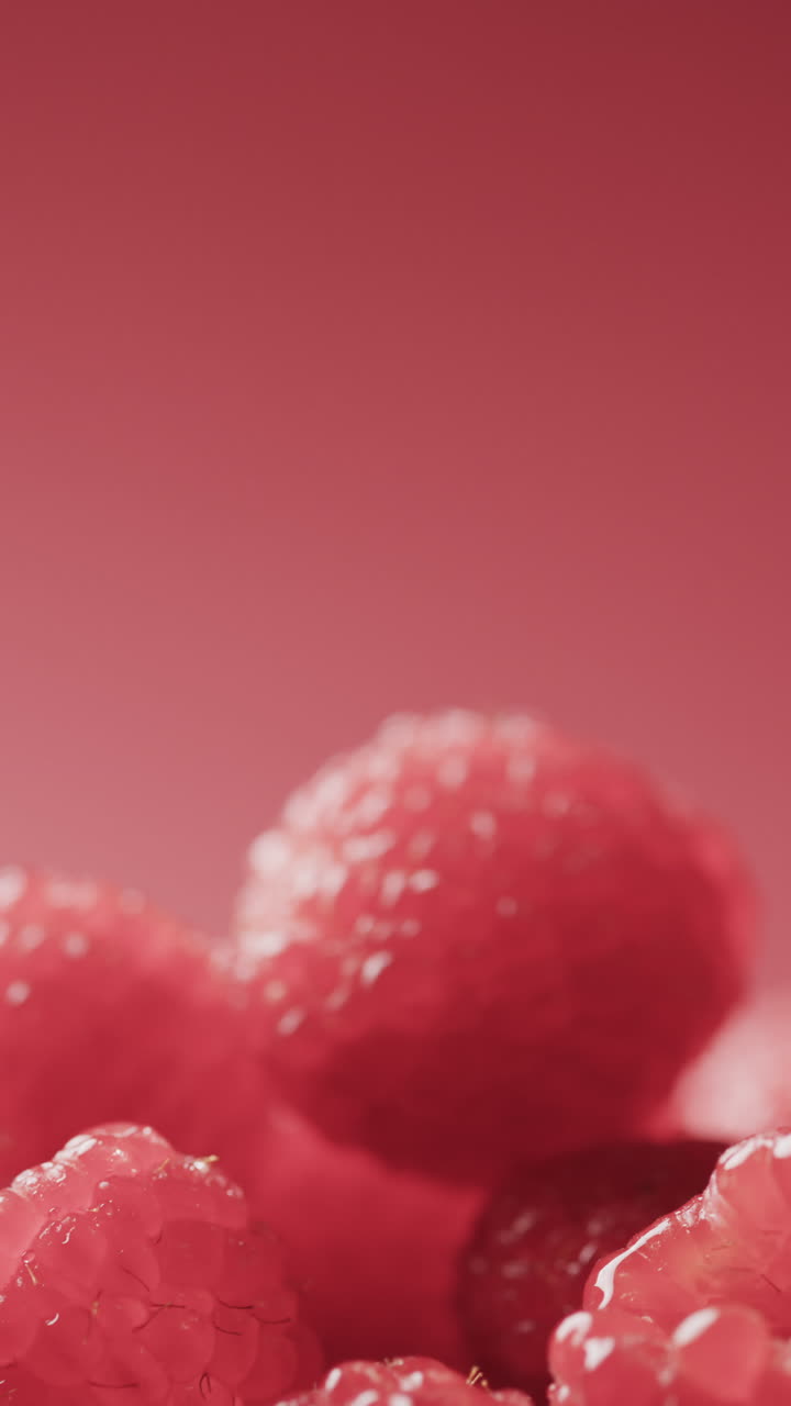Micro vertical video close up of raspberries and copy space on red background