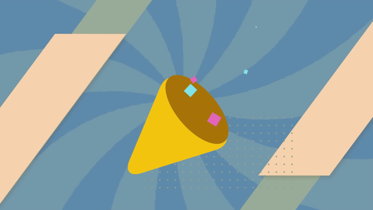 파란색 배경에 줄무 패턴 위에 파티 모자에서 떨어지는 다채로운 콘페티의 애니메이션