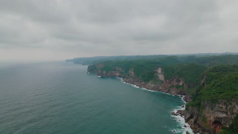 Vista-Aérea-De-Los-Acantilados-Cubiertos-De-Densos-Bosques-En-La-Costa-En-El-Cielo-Nublado