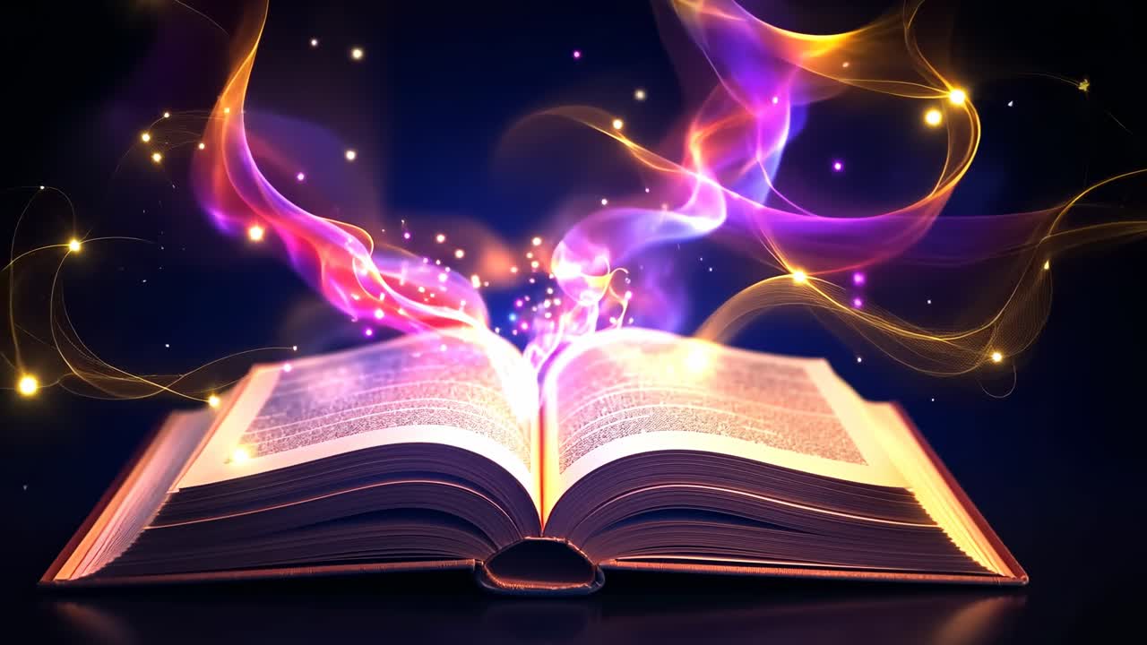 A magical open book emits colorful, glowing swirls. Captured from a low angle, this fantasy concept