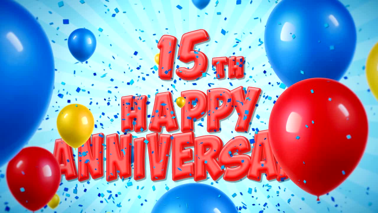 15주년 축하 은 텍스트는 콘페티 팝퍼 폭발, 떨어지는 반이는 입자, 다채로운 날아다니는 풍선, 소원, 인사, 파티, 초대, 카드에 대한 원활한 루프 애니메이션에 나타납니다.