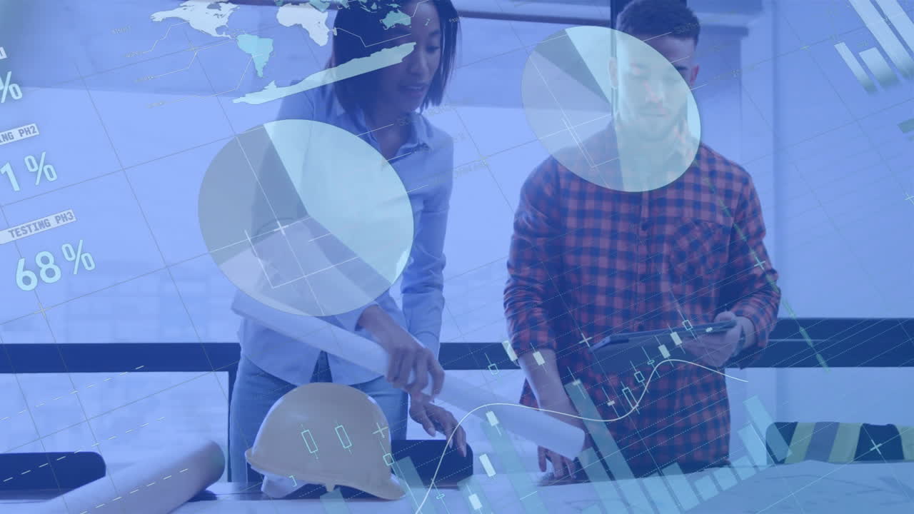 Animation of data processing and diagrams over diverse colleagues discussing project in office