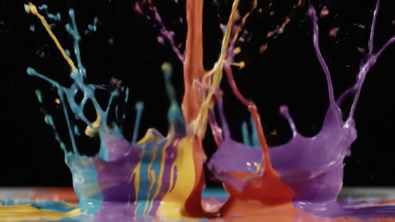 A Captivating Journey of Colors: Vivid Paint Flowing and Droplets Falling in a Dance of Artistic Expression Against a Bold Black Background