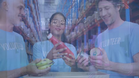 animation of financial graphs over happy diverse female and male warehouse workers with food