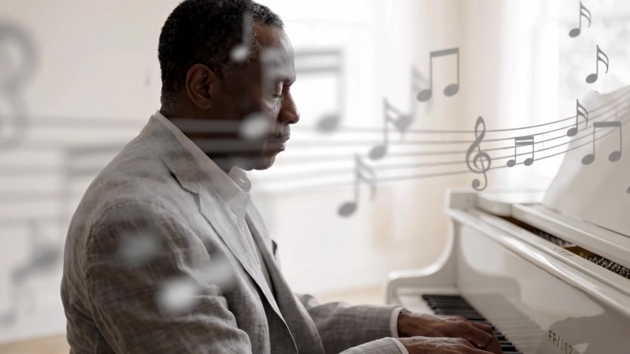 A skilled musician deeply immersed in playing a grand piano, showcasing passion and artistry in a serene, light-filled environment with elegant decor.
