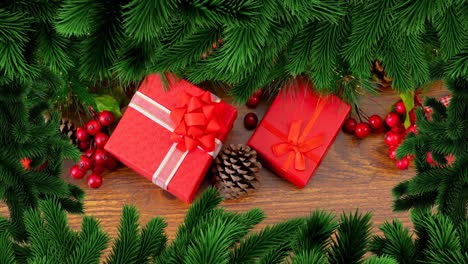 animación del marco del árbol de abeto de navidad sobre regalos sobre fondo de madera
