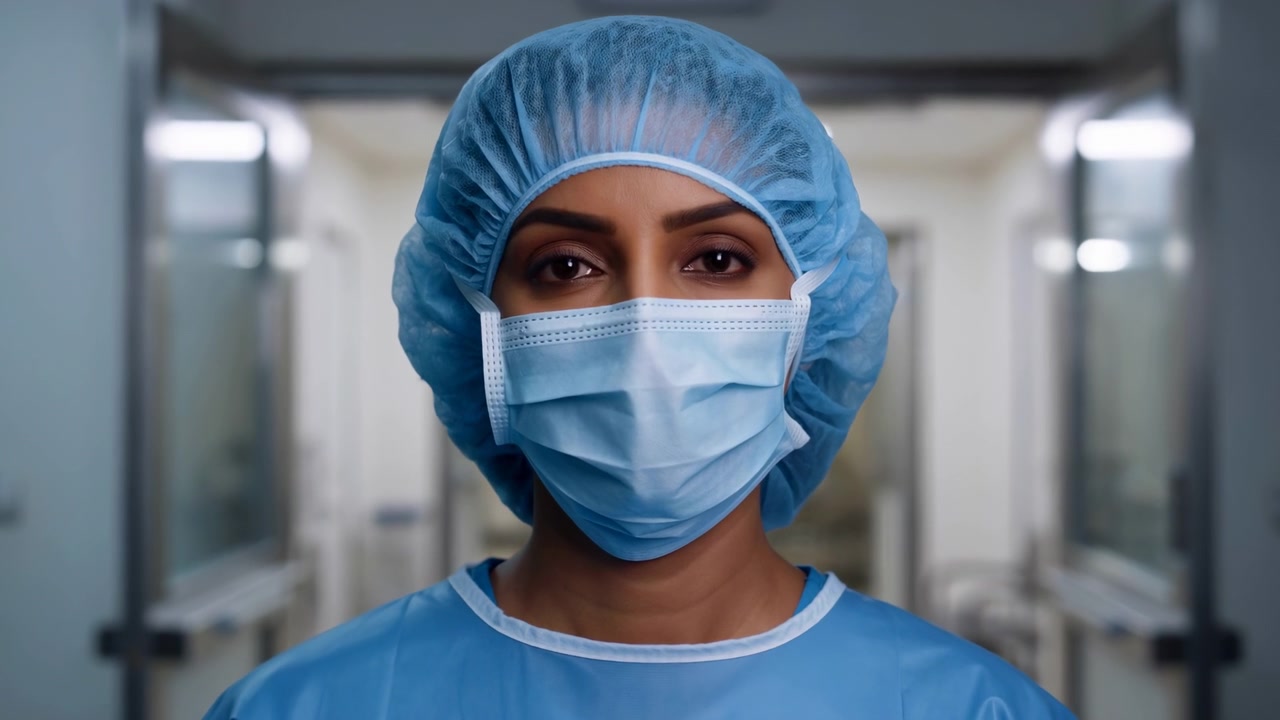 Close frontal portrait shows medical staff member maintaining direct eye contact with minimal visible movement under cool indoor lighting, framed by a symmetrical corridor fading into soft focus.