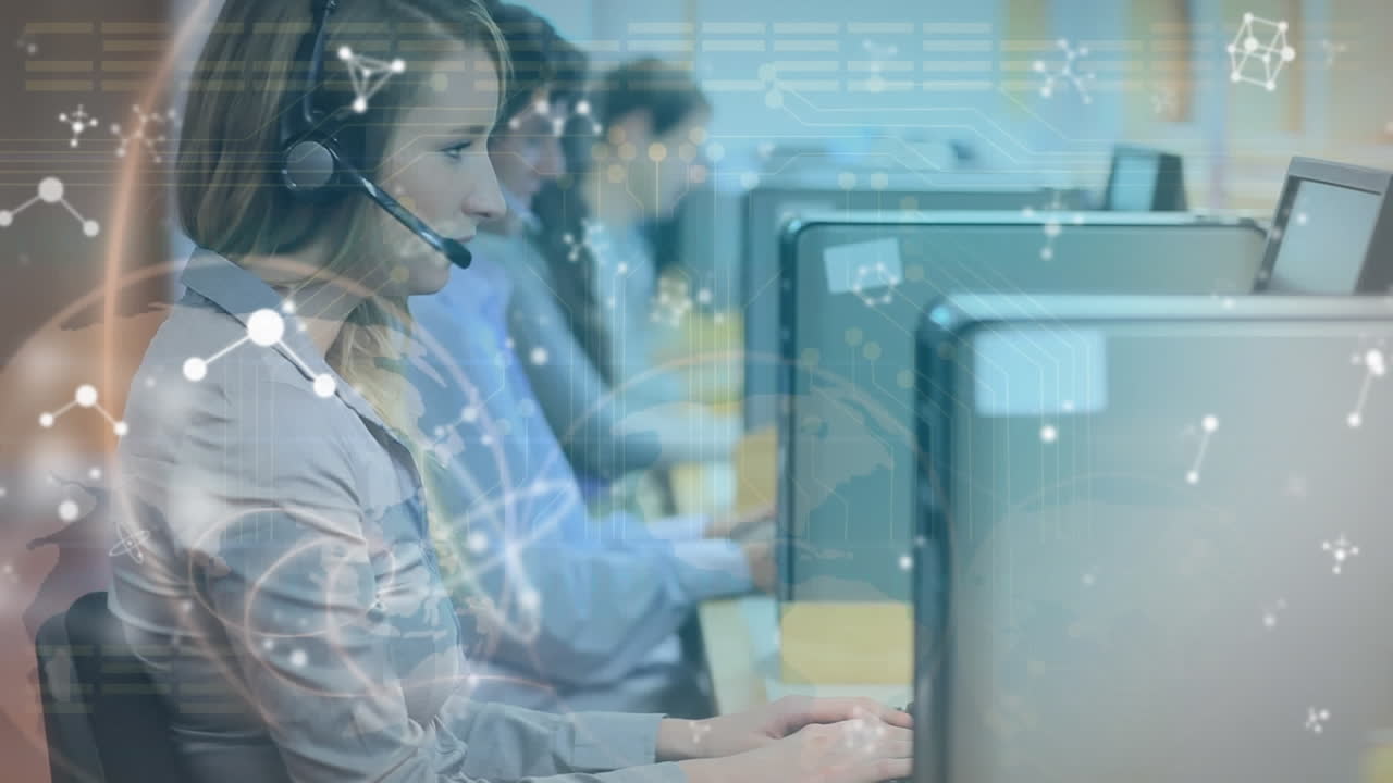 전화 헤드 ⁇ 을 사용하는 사업가들 위의 분자의 애니메이션