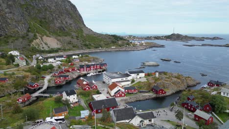 village å in lofoten islands, norway, scandinavia - aerial 4k circling