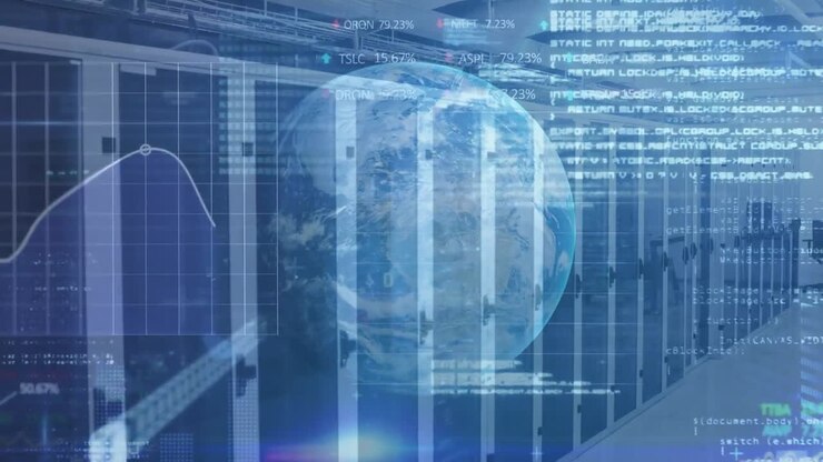 Animation of data processing with globe over server room