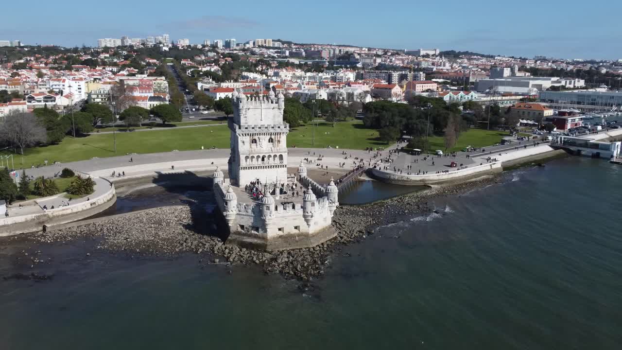 Bel&eacute;m Tower in Lisboa 4K drone footage